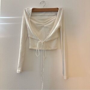 Cream Long Sleeve Tie-Front Top and Strapless Top Set